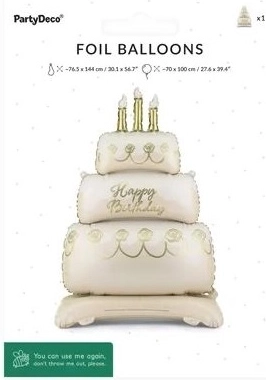 Stojaci fóliový balónik v tvare torty Happy Birthday
