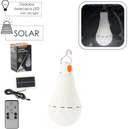 Solárna závesná LED žiarovka 12 W, studená biela, 7,6 × 7,6 × 14,6 cm