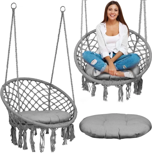 Závesné kreslo boho s vankúšom, sivé