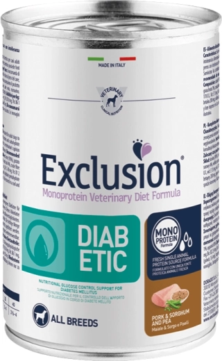 Exclusion Diabetic konzerva pre psov s bravčovým, čirokom a hrachom 400 g
