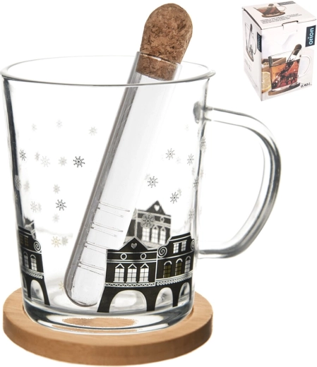 Sklenený hrnček Domky s bambusovým podšálkom a infuzérom 0,42 l