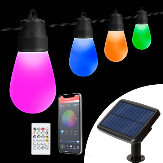 Solárna svetelná reťaz s 15 RGBIC LED žiarovkami, 6,5 m, Bluetooth