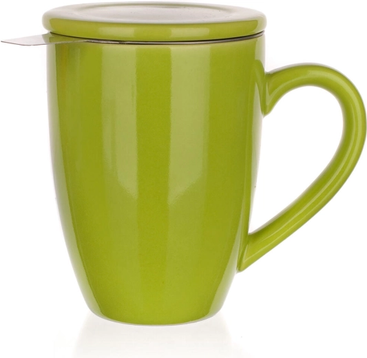 Keramický hrnček s viečkom a nerezovým sitkom 350 ml BONNET, zelený