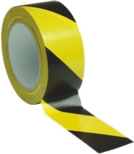 Výstražná samolepiaca páska 48 mm × 66 m, žlto‑čierna, šikmé pruhy vpravo