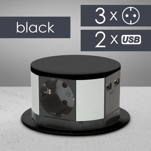 Výklopná vstavaná predlžovacia zásuvka s 3 zásuvkami, USB-A a USB-C, čierna