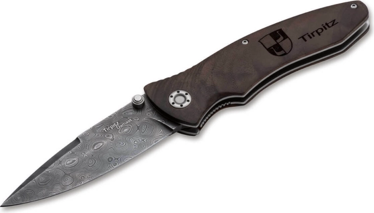 Zberateľský nôž Böker Tirpitz-Damascus s orechovou rukoväťou 9,9 cm