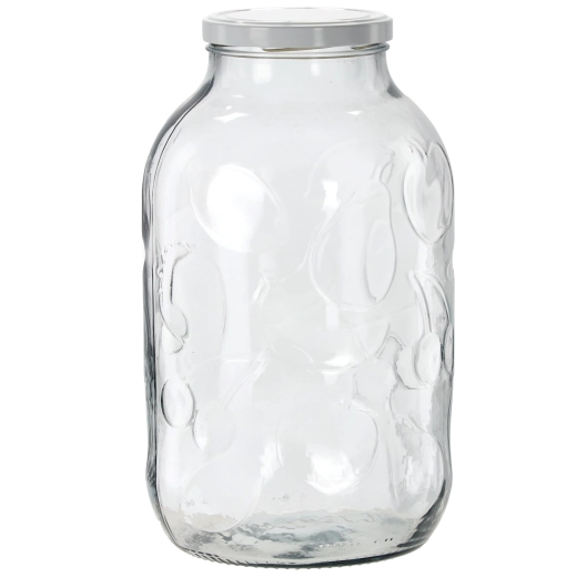 Sklenená zaváracia nádoba 5 l s ovocným reliéfom a smaltovaným viečkom 100 mm