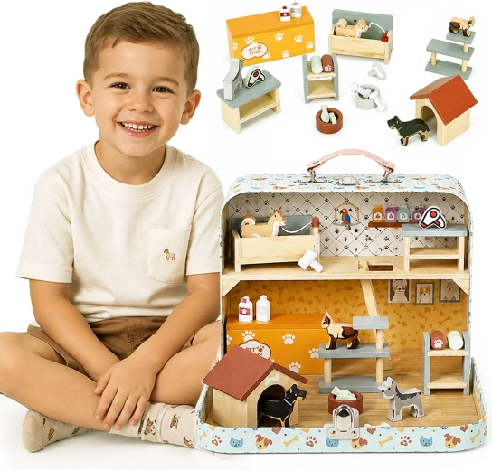 Ecotoys drevený zverimex v prenosnom kufríku, dvojposchodový (23 doplnkov)