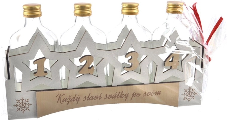 Sklenená fľaša v drevenom stojane s adventným motívom 33 × 18,5 × 6,5 cm
