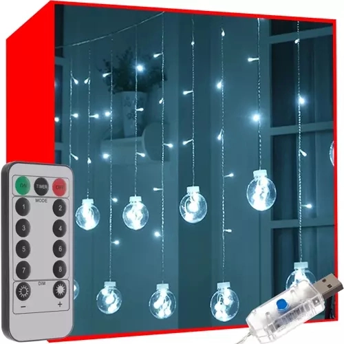 Svetelná závesná guľová opona 108 LED s diaľkovým ovládaním, studená biela, USB