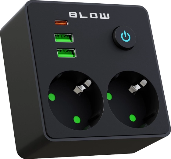 BLOW zásuvkový rozbočovač s 2 zásuvkami, 2× USB a USB-C, čierny