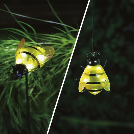 Solárna záhradná LED lampa v tvare včielky so zápichom a klipom, žltá