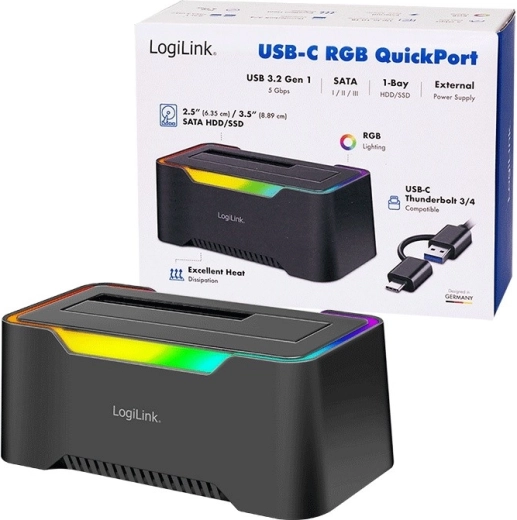 LogiLink dokovacia stanica USB‑C 3.2 Gen 1 pre 2,5"/3,5" SATA HDD/SSD s RGB