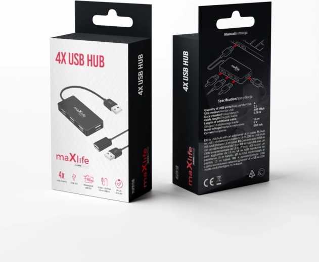 Maxlife home office USB rozbočovač 4× USB 2.0 čierny 1,5 m