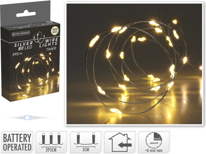 Vianočná LED svetelná reťaz 3,95 m, 80 LED, teplá biela, strieborný drôt, časovač - 1 kus