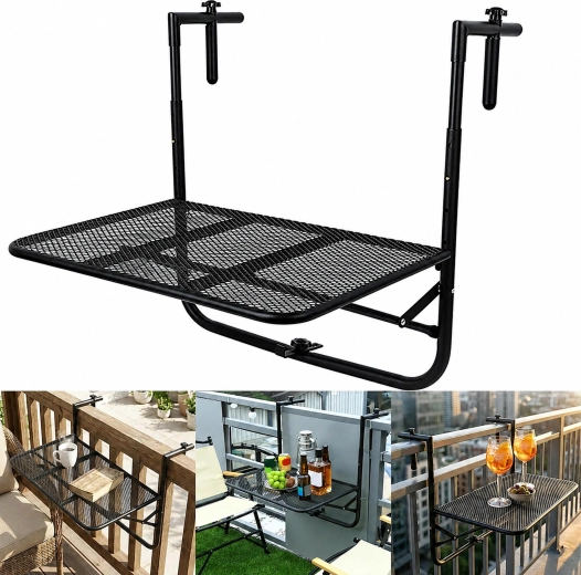 Skladací závesný balkónový stolík na zábradlie, nastaviteľný, nosnosť 30 kg