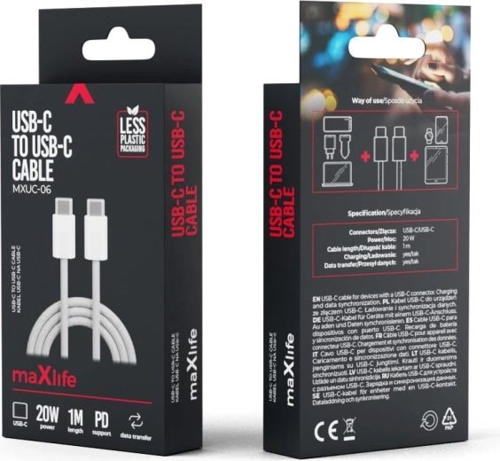 Maxlife nylonový kábel USB-C – USB-C 1 m 20 W sivý