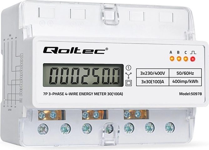Trojfázový elektronický elektromer na DIN lištu, 400 V, 100 A, LCD a LED indikácia