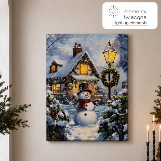 Obraz na plátne s LED osvetlením – snehuliak v zimnej scenérii 30 × 40 cm - 1 kus