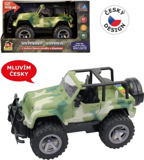 Vojenský jeep na zotrvačník so svetlami a českými zvukmi posádky 1:16