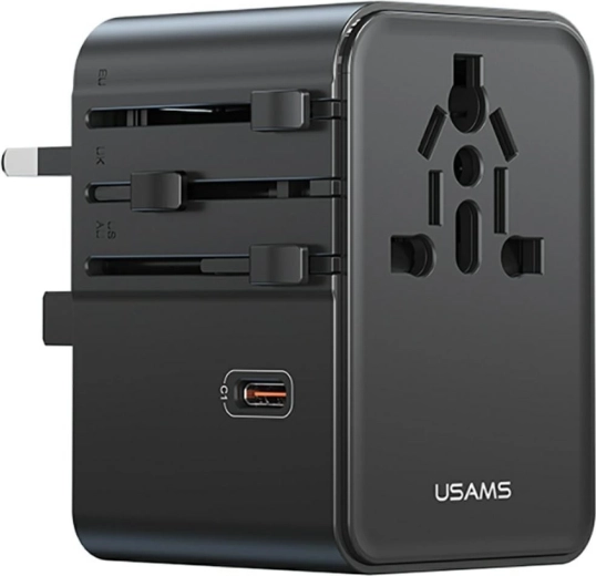 USAMS univerzálny cestovný adaptér a nabíjačka 70 W (US/AU/EU/UK) čierny