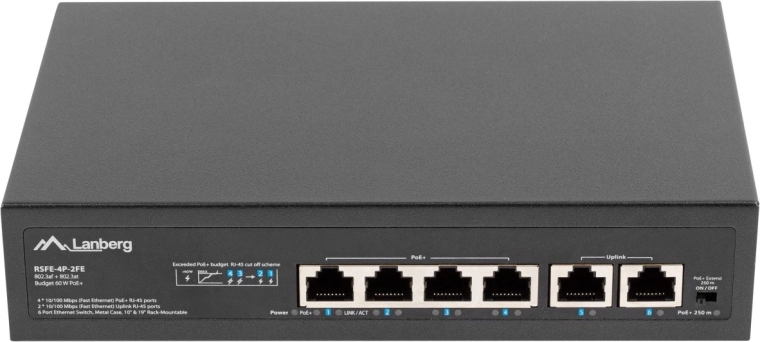 Prepínač Lanberg 4x PoE+ s 2 uplink porty