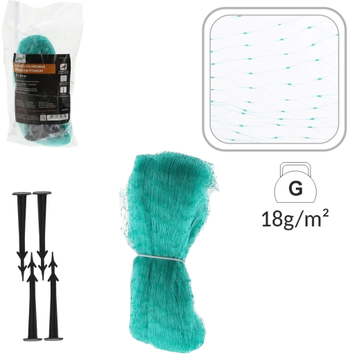 Ochranná sieť proti vtákom 2 × 10 m, 5 g/m², zelená + 6 kotevných skôb