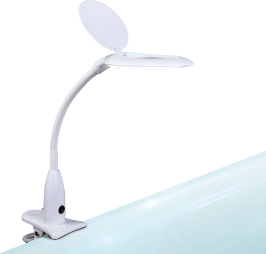 LED stolná lampa s lupou a klipom, biela
