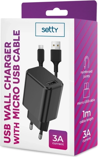 Sieťová nabíjačka SETTY 1× USB 3A čierna + microUSB kábel 1 m