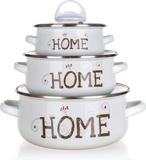 Sada smaltovaných hrncov BANQUET Home, 6 ks, biele so sklenenými pokrievkami