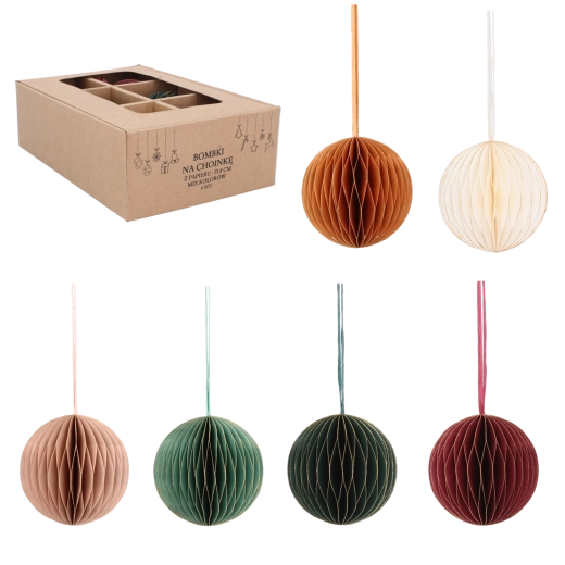 Sada papierových včelích gúľ na Vianoce, priemer 8 cm, mix farieb, 6 ks