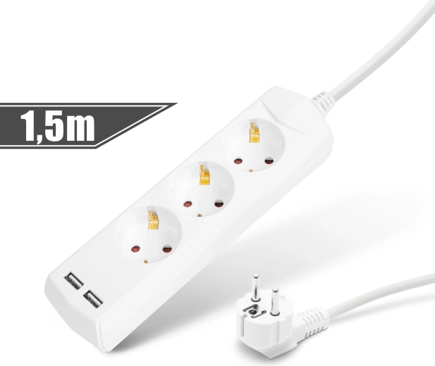 Predlžovací kábel s 3 zásuvkami a 2 USB portami, 1,5 m