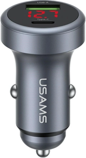 USAMS hliníková autonabíjačka 45 W USB-A + USB-C s LED