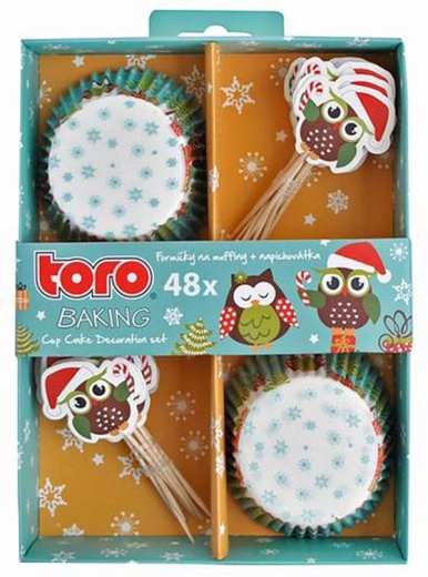 Papierové košíčky na muffiny s napichovátkami TORO – vianočné sovy, 24 ks
