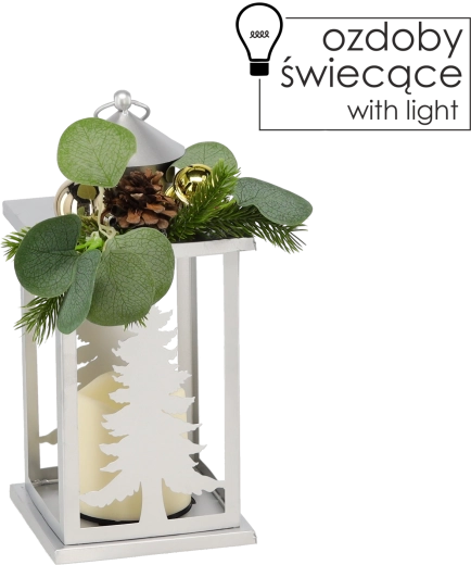 Vianočný kovový lampáš so stromčekmi a LED sviečkou, strieborný