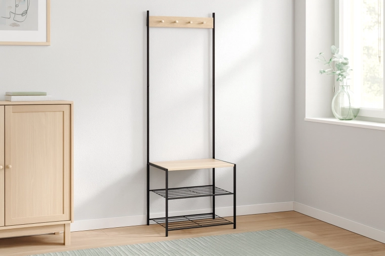 Voľne stojaci predsieňový vešiak s lavicou a 3 policami 60 × 40 × 175 cm