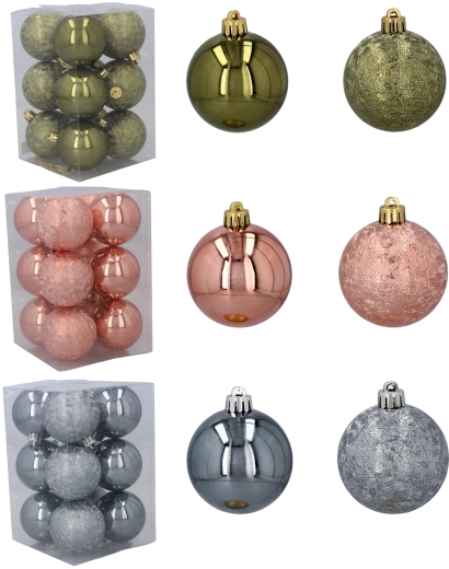 Sada plastových vianočných ozdôb 6 cm – olivová, medená a grafitová, 12 ks