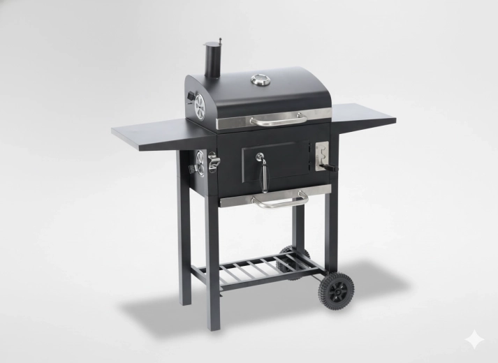 Záhradný uhlový gril Inferno s vekom, teplomerom a kolieskami