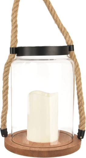 Hnedý skleneno-drevený LED svietnik (lampáš) 23 cm