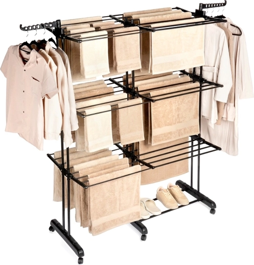 Kovový rozkladací sušiak na bielizeň XXL, čierny, 3 úrovne, teleskopický 75–135 × 66 × 180 cm