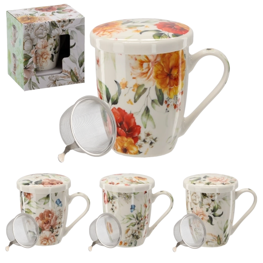 Porcelánový hrnček s viečkom a nerezovým sitkom 340 ml – kvetinový vzor