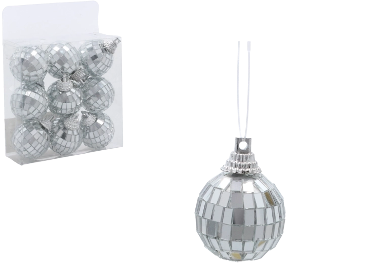 Sada strieborných disko vianočných gulí 3 cm – 9 ks
