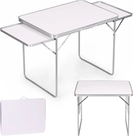 Multigarden skladací kempingový stôl 120 × 60 cm s 2 bočnými poličkami, biely