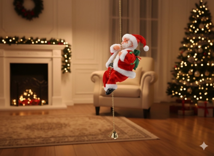 Vianočný lezecký Santa na zlatom reťazíku s rolničkou 20,5 cm