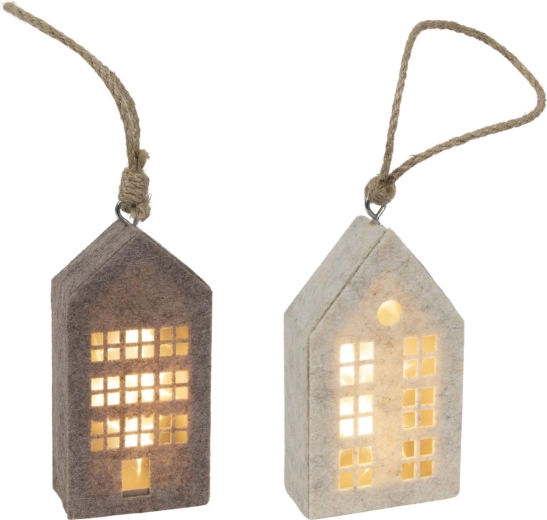 Vianočná závesná dekorácia domček z plsti s LED 14,5 cm