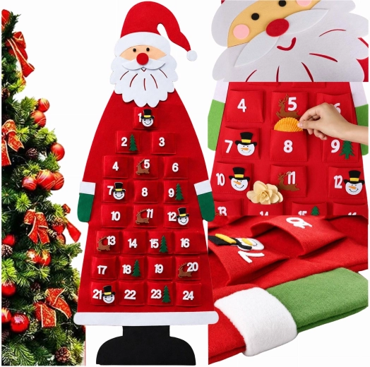 Závesný filcový adventný kalendár Santa Claus s 24 vreckami, 115 cm