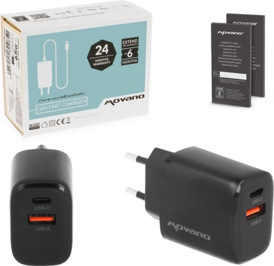 Sieťová nabíjačka Movano GaN 30 W (USB‑C PD + USB‑A), čierna