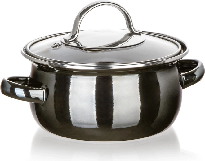 Smaltovaný hrniec so sklenenou pokrievkou 14 cm, 0,7 l, Metallic Black