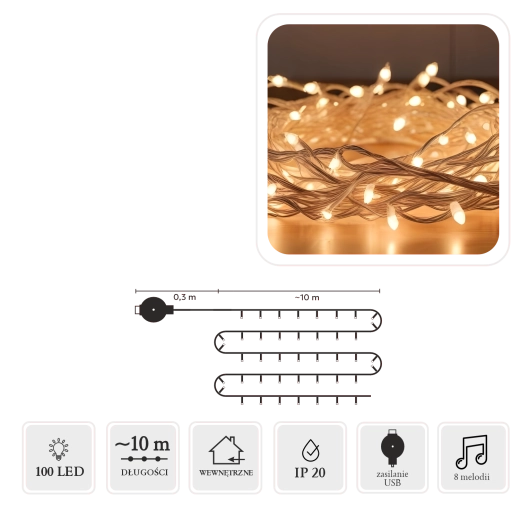 LED reťaz s melódiou USB, 100 svetiel, multicolor, 10 m