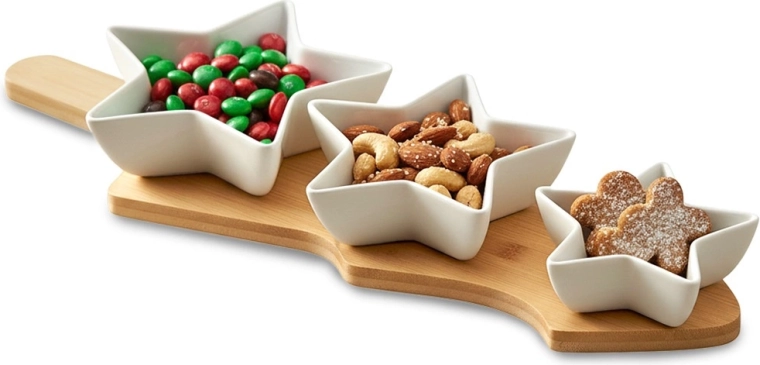 Porcelánové mištičky na pochutiny na bambusovom tácke, 4-dielna sada